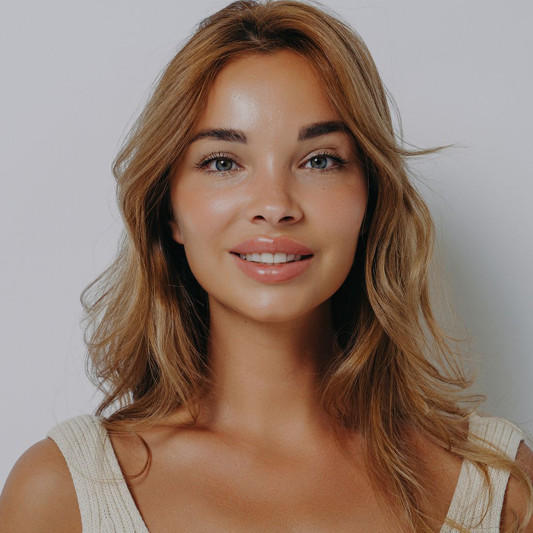 Smiling woman with wavy hair and natural makeup.