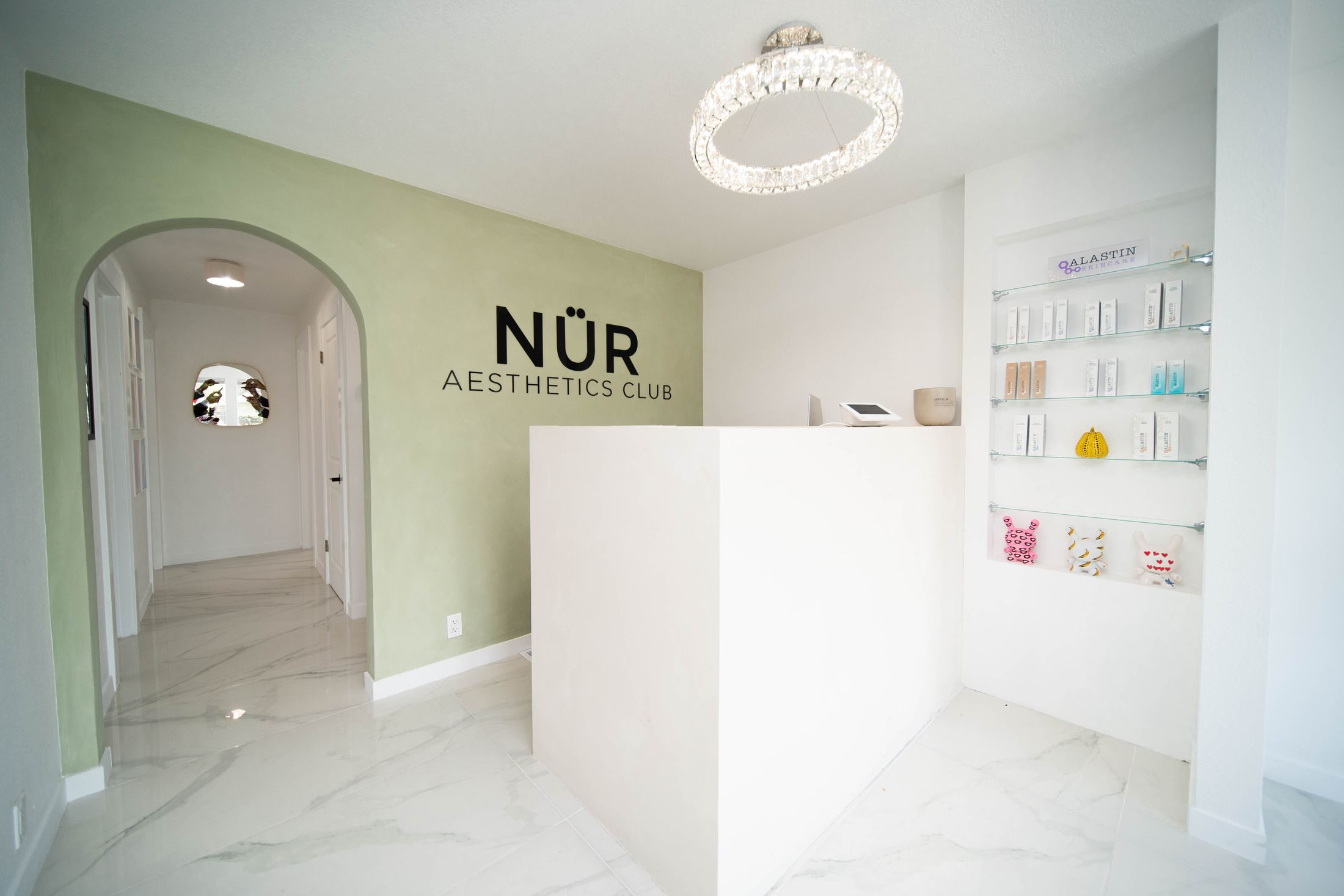 Modern aesthetics clinic reception area interior design.